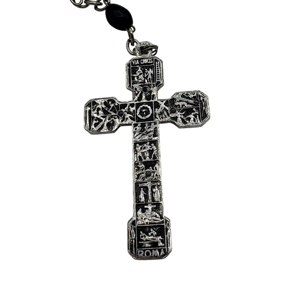 Vintage Black Beaded Rosary Silver Tone 22” Cross Christian Religious Catholic - Picture 3 of 7